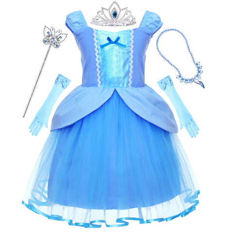 Princess Cinderella Costume for Toddler Girls Dress Up Party with Tiara and Wand