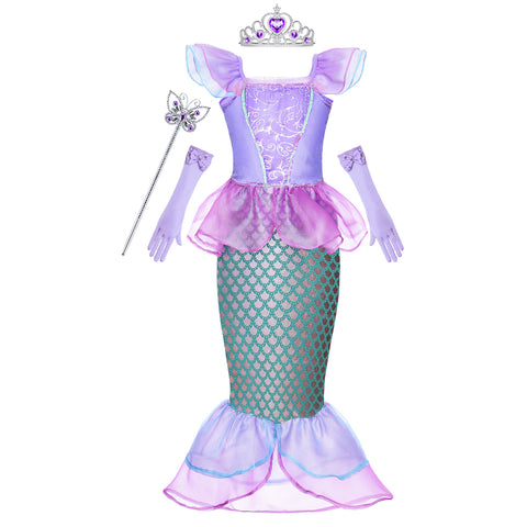 Cmiko Princess Ariel Costume Little Mermaid Dress Up with Tiara and Wand for Girls Party