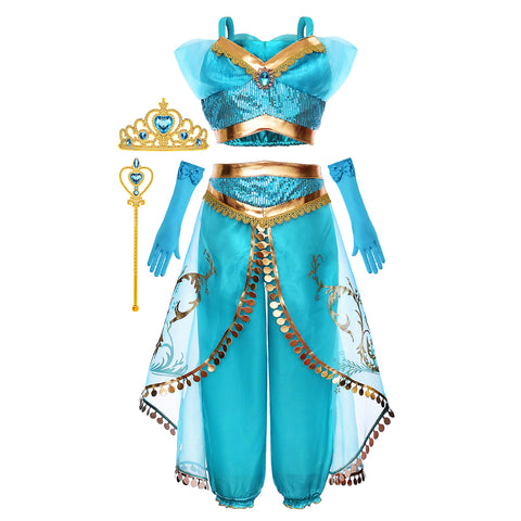 Cmiko Girls Arabian Princess Jasmine Costume for Dress Up Birthday Halloween Party with Tiara and Wand