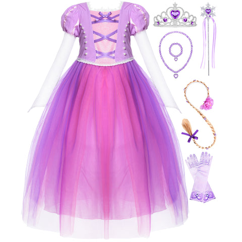 Cmiko Princess Rapunzel Generic Costume Dress Up with Long Braid and Tiara for Girls Party