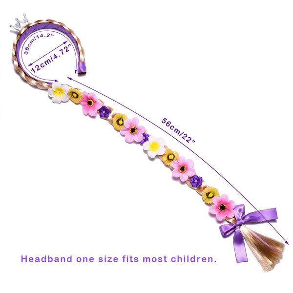 Princess Rapunzel Long Braided Wig Headbands with Tiara Flowers Adorn for Girls Costume Accessories Dress Up Birthday Party